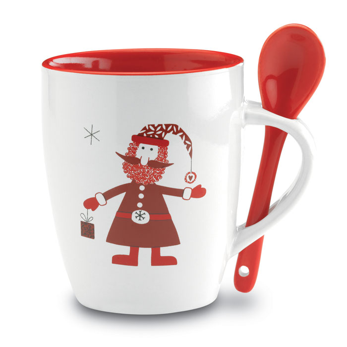 CX1304 - Taza con Cuchara de Cerámica con Decoración de Santa Claus