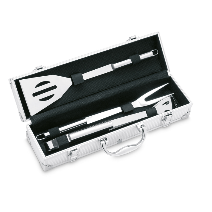 IT3475 - Set de 3 Utensilios para Barbacoa de Acero Inoxidable en Maleta de Aluminio