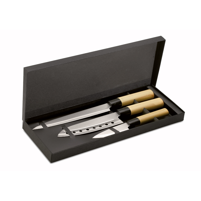 KC6841 - Set de 3 Cuchillos Estilo Japonés de Acero Inoxidable con PP en Caja de Papel Negro