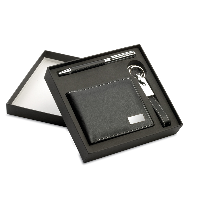 KC7109 - Set Elegante en Caja de Cartón y EVA con Bolígrafo, Llavero de Metal y Cartera de PU