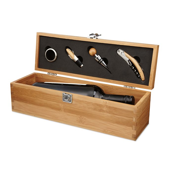 MO8293 - Set de Vino en Caja de Bambú con Espacio para 1 Botella