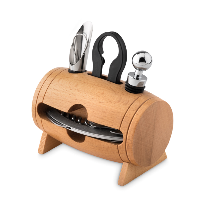 MO9523 - Soporte de Madera con 4 Accesorios para Vino de Aluminio