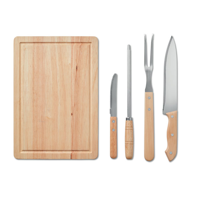 MO9686 - Set de BBQ de 4 Piezas de Acero Inoxidable con Tabla para Picar de Bambú