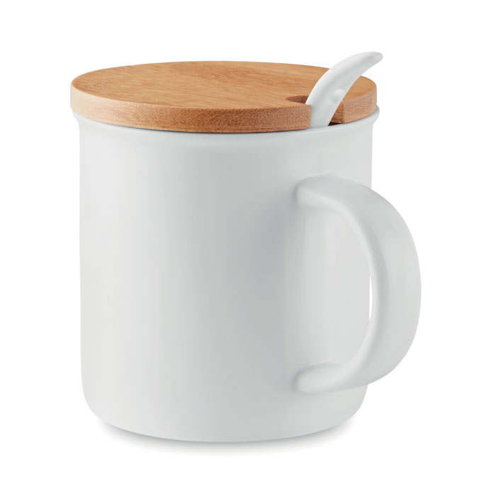 MO9708 - Taza con Cuchara de Porcelana con Tapa de Bambú 380 ml.