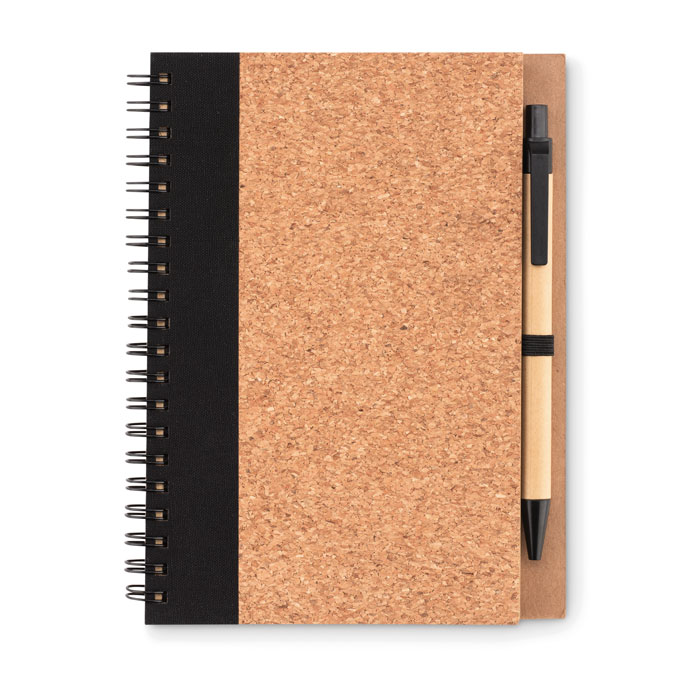 MO9859 - Libreta con Cubierta de Corcho, Hojas de Papel Reciclado y Bolígrafo de Cartón Reciclado con PLA 2 en 1
