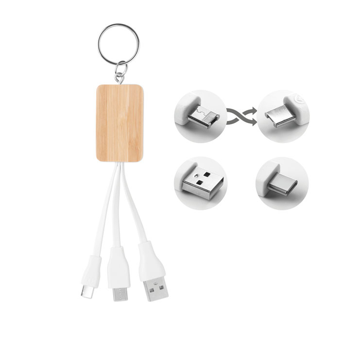 MO9888 - Llavero de Bambú con Cable de Carga 3 en 1