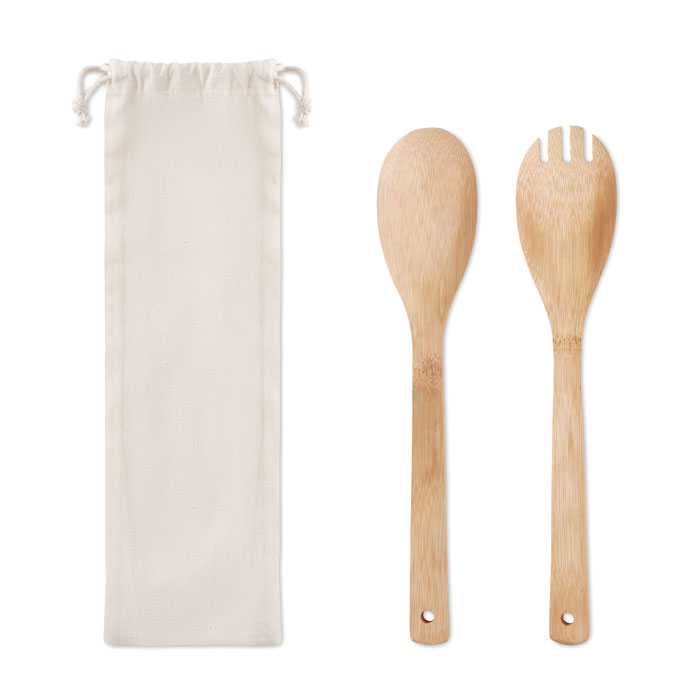 MO9903 - Set de 2 Cubiertos para Ensalada de Bambú en Bolsa de Transporte
