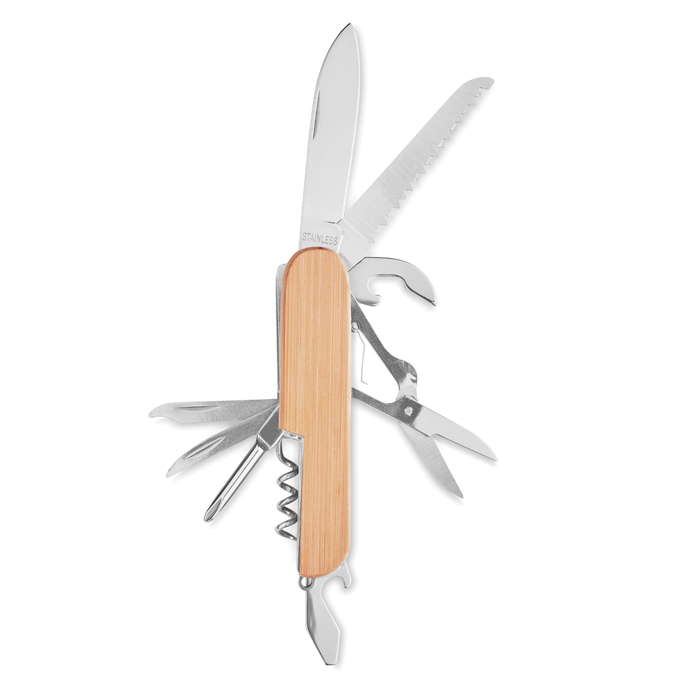 MO9934 - Navaja Multifunción de Acero Inoxidable y Bambú 9 en 1